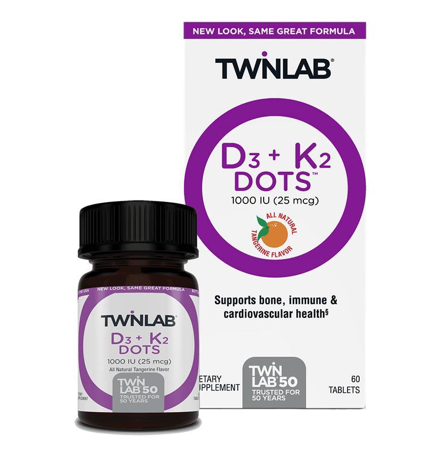 Twinlab - D3 + K2 Dots 1000 IU (25 mcg), Natural Tangerine Flavor - 60
