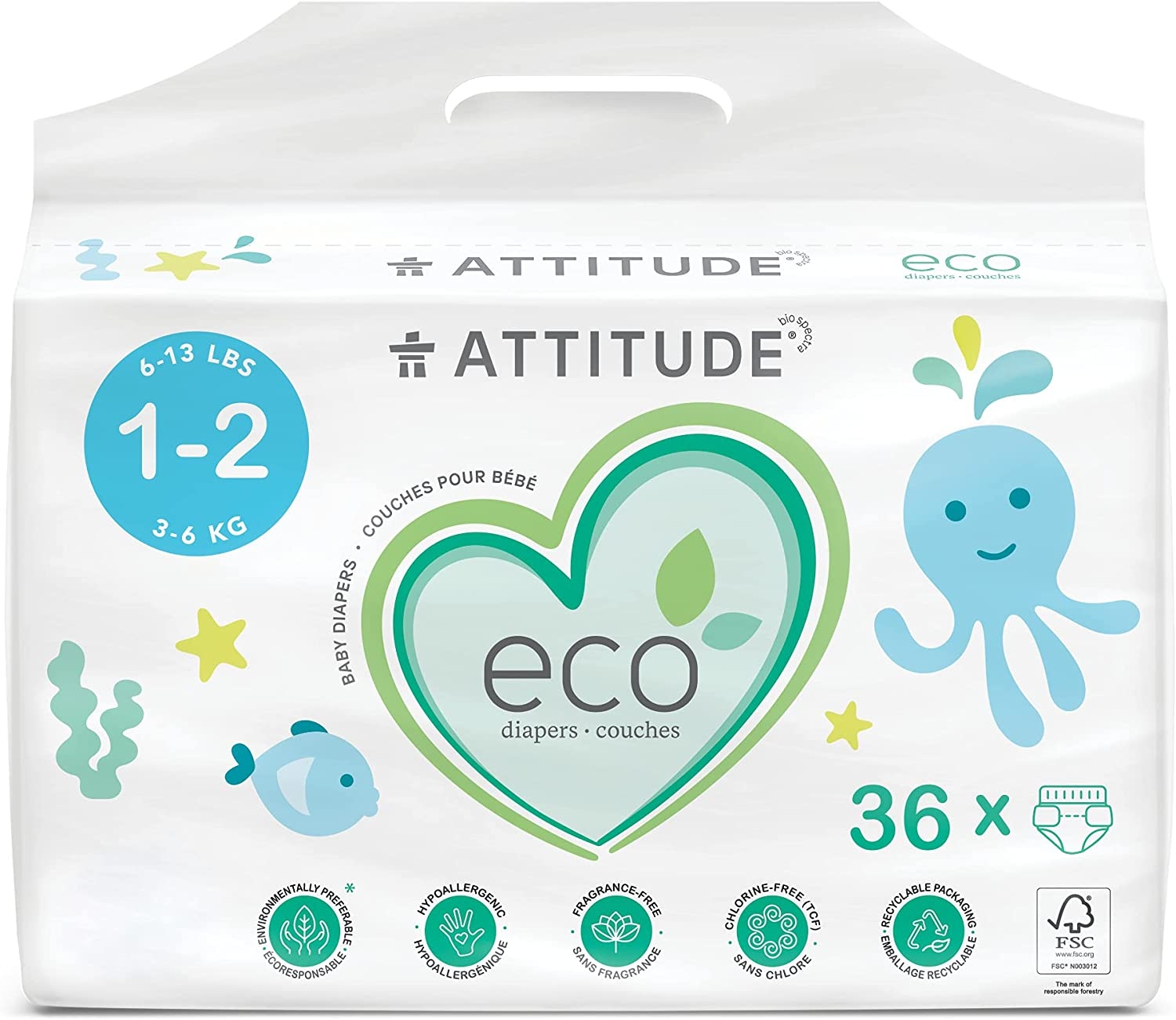ATTITUDE - Eco Baby Diapers Mini (Sizes 1-2) - 36 Count